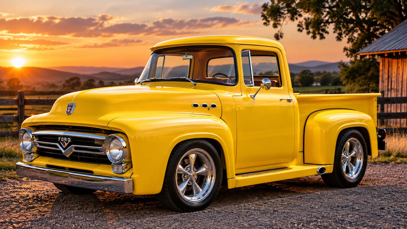 Ford F-100 amarela restaurada, pronta para entrega, ao pôr do sol