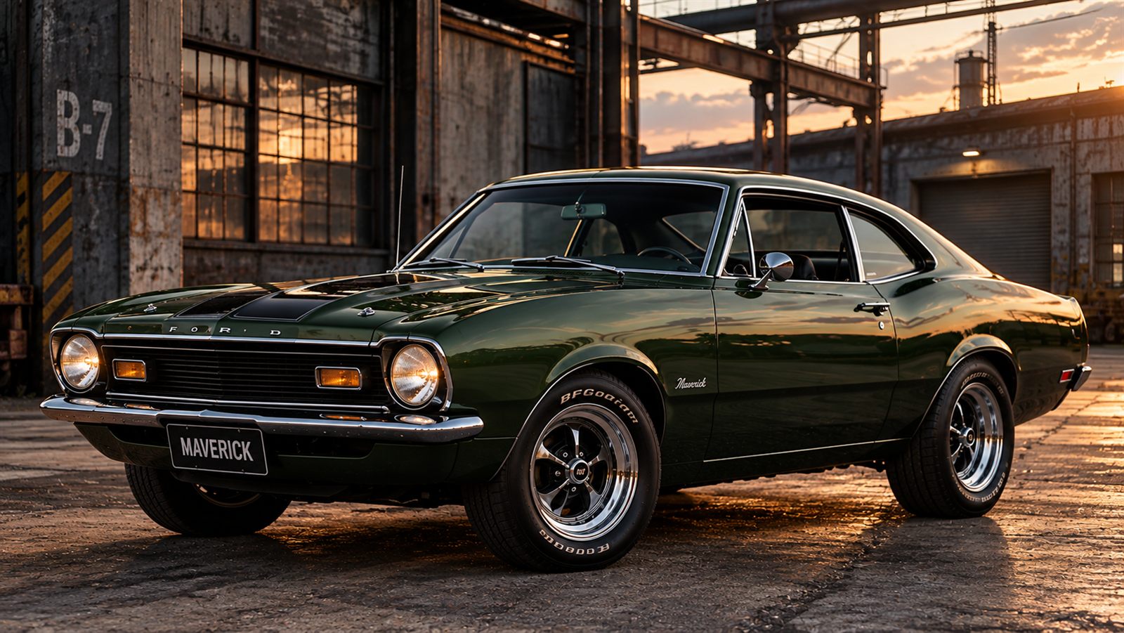 Ford Maverick verde restaurado, com carroceria e pintura refeitas, em frente ao galpão da oficina de restauração